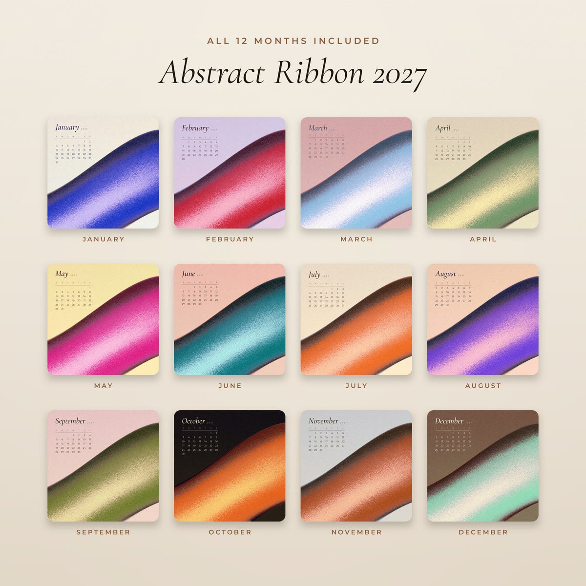 All 12 months of the Abstract Ribbon 2027 calendar