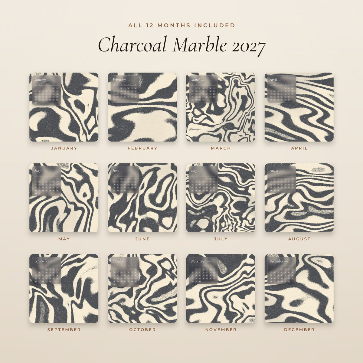 All 12 months of the Charcoal Marble 2027 calendar