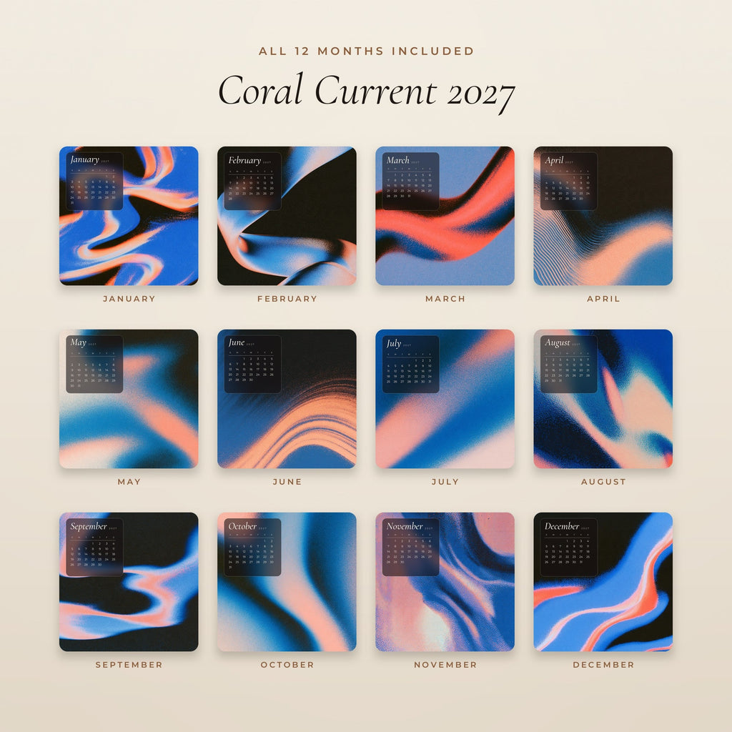 All 12 months of the Coral Current 2027 calendar