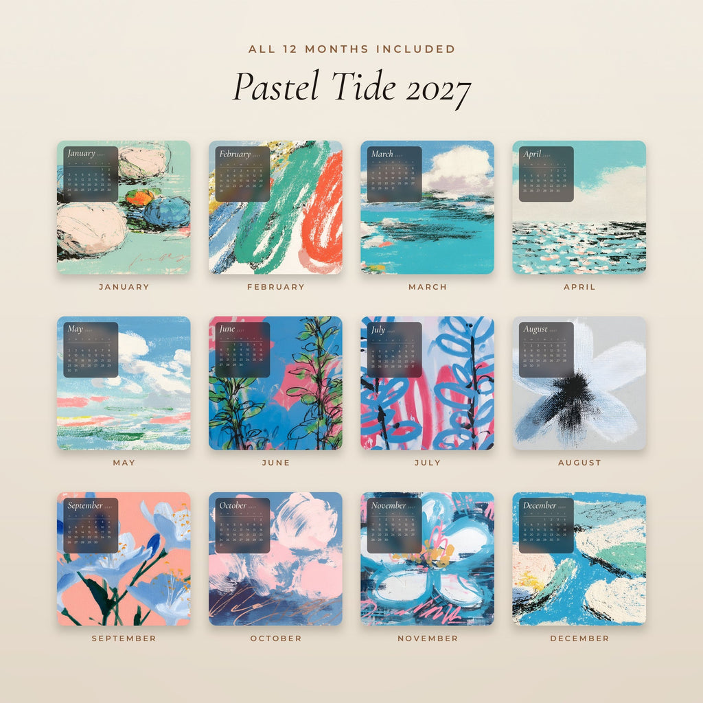 All 12 months of the Pastel Tide 2027 calendar